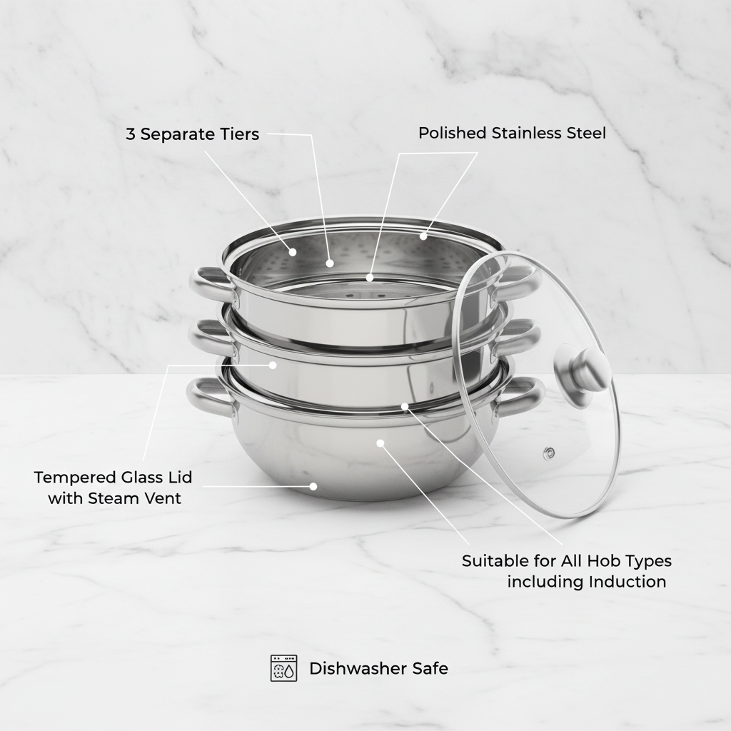 Three Tier Induction Hob Stainless Steel Steamer Steam Pot Cooker Set Glass Lid