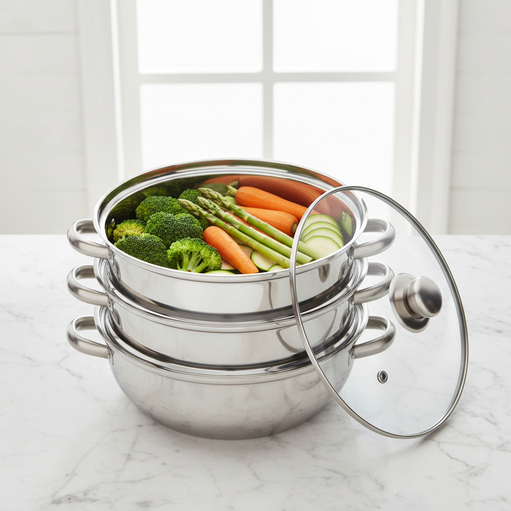 3-Tier Steamer - Flat Lay with Vegetables