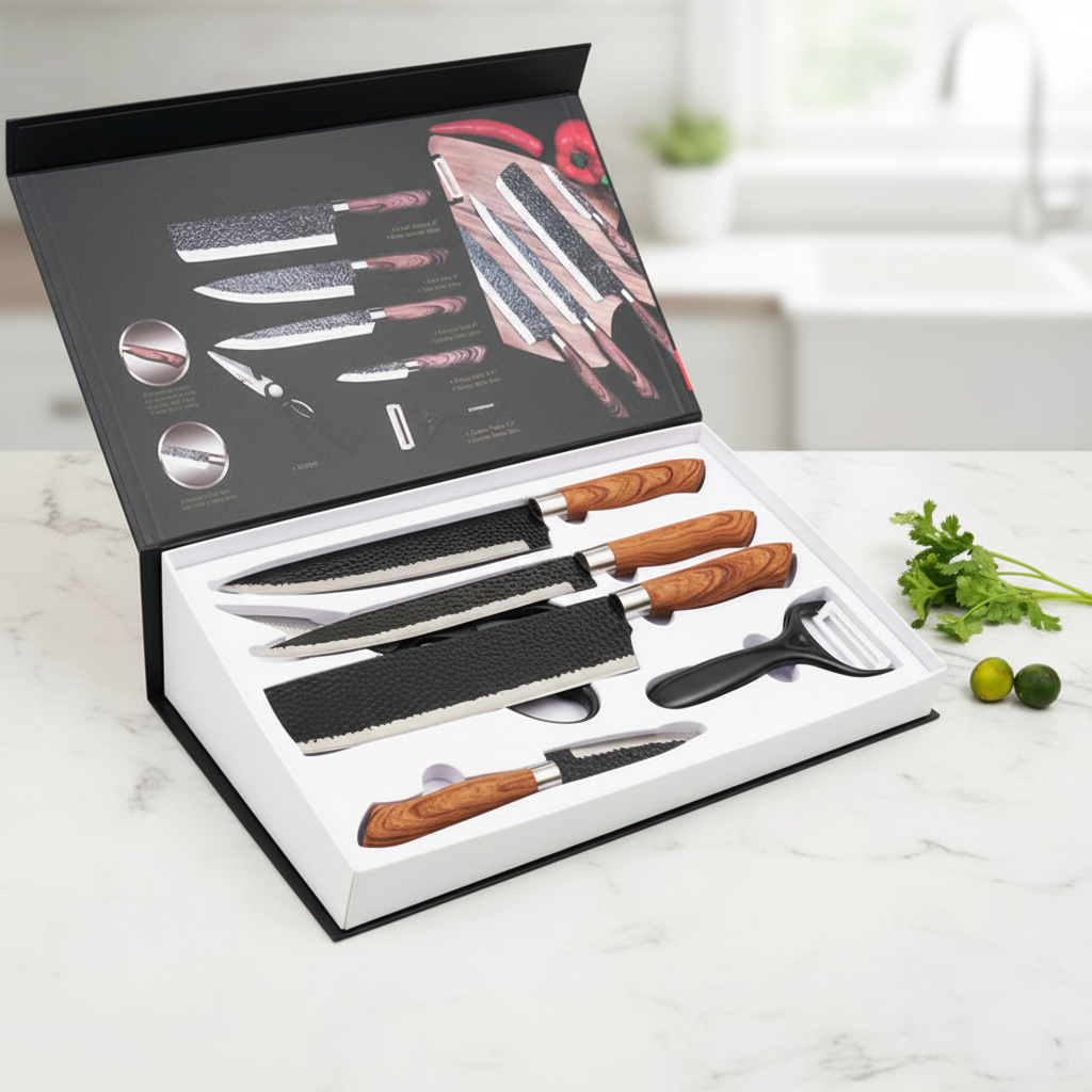 6 PCS Kitchen Knife Sets, Steel Kitchen Knives Set Tools Forged Kitchen Knife Scissors Ceramic Peeler Chef Slicer Knife Gift Case